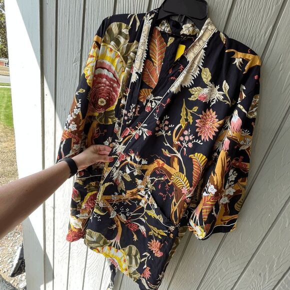 Vintage Lightweight Cotton Robe – Black Botanical Print, Belted Kimono Style - Picture 2 of 8